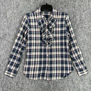 Ralph Lauren Shirt Womens S Plaid Ruffle Neck Western Rodeo Business Casual